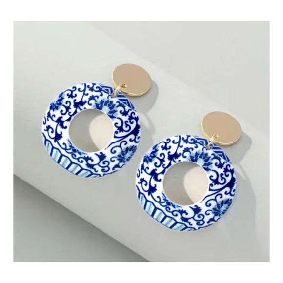 Blue and Gold Acrylic Patterned Earrings - Picture 3 of 3